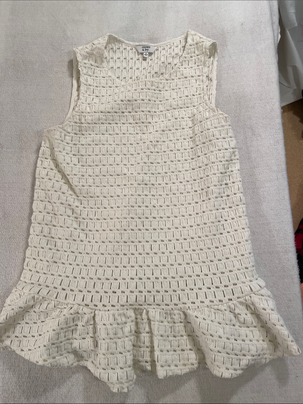 crown & ivy Cream Crochet Tank with Ruffle Hem